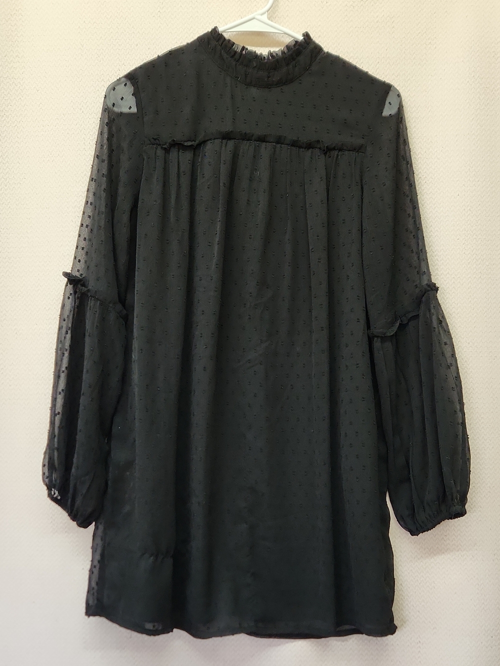Black Swiss Dot Midi Dress with Ruffle Neck